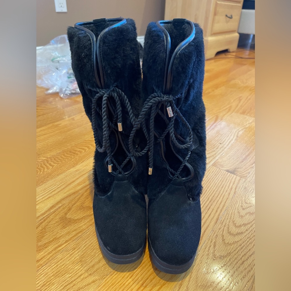 Coach Faux Black Fur Wedge Boots